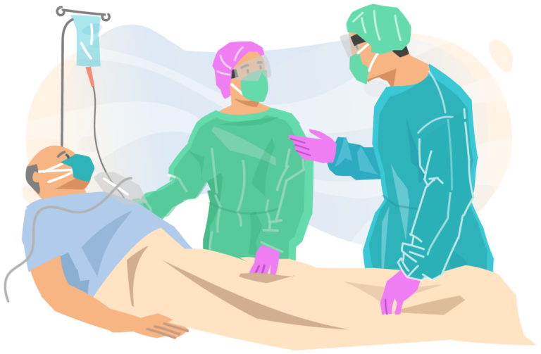 Dos sanitarios hablando mientras un paciente está en la camilla